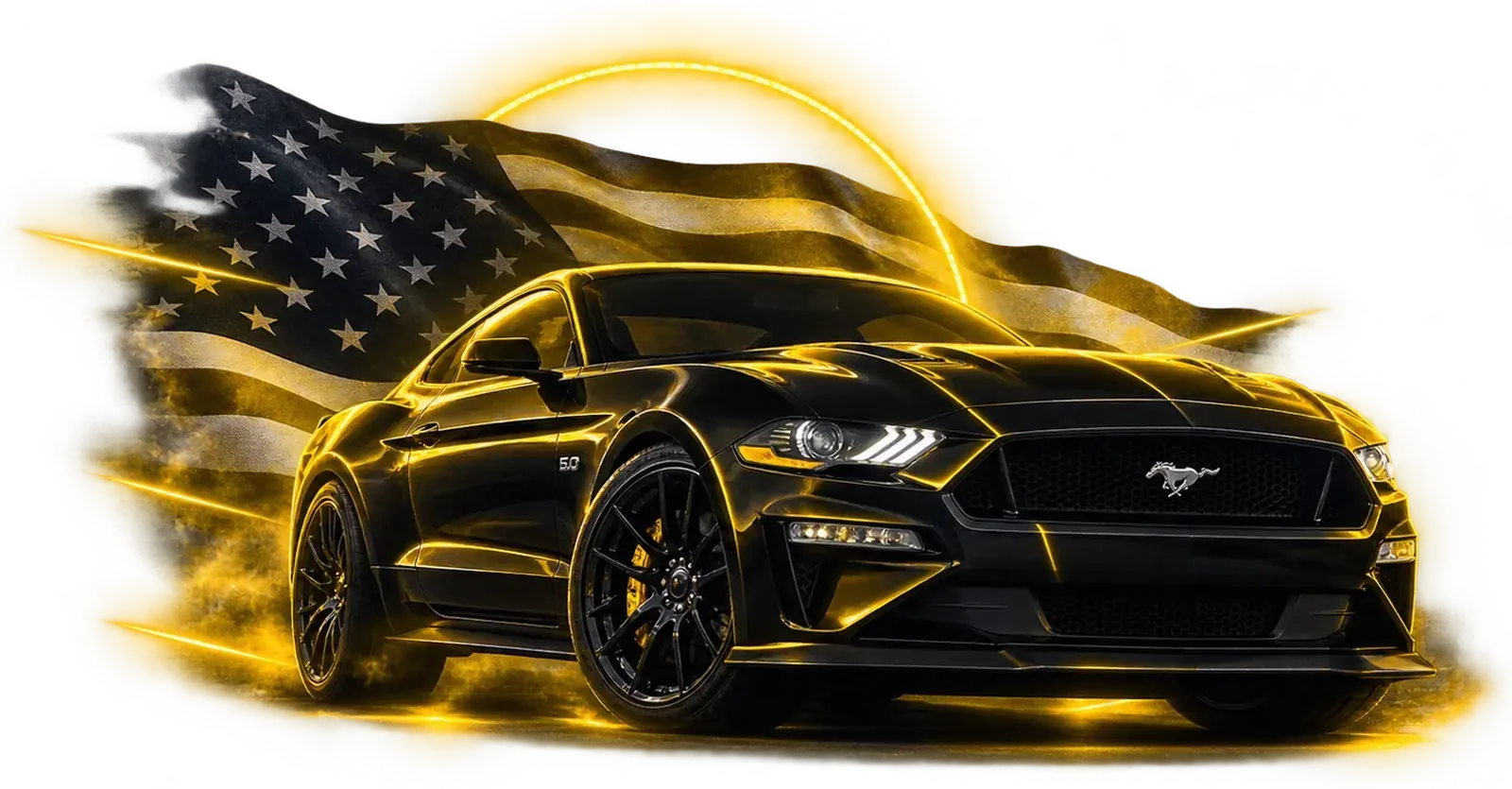 Black Ford Mustang in yellow neon light against the US flag